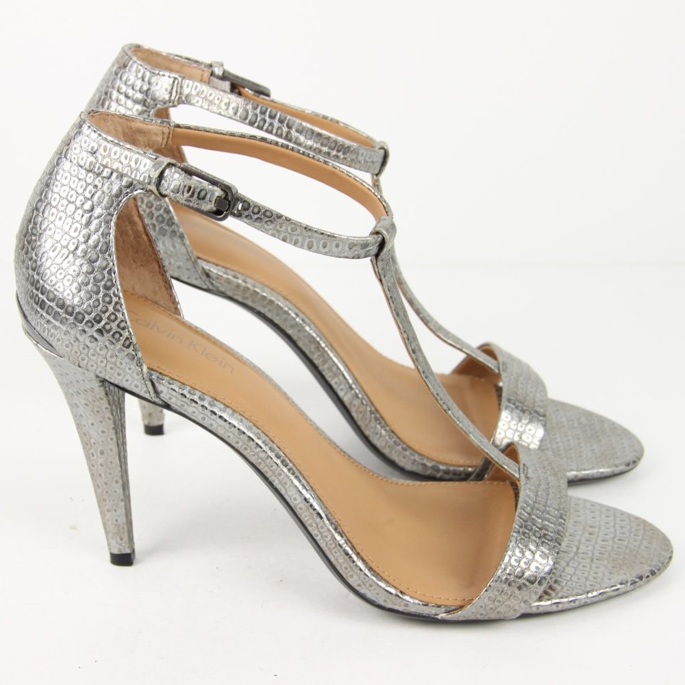 Calvin Klein Nasi T-Strap High Heels 7.5 Metallic Snake Print Sandal Pumps Shoes